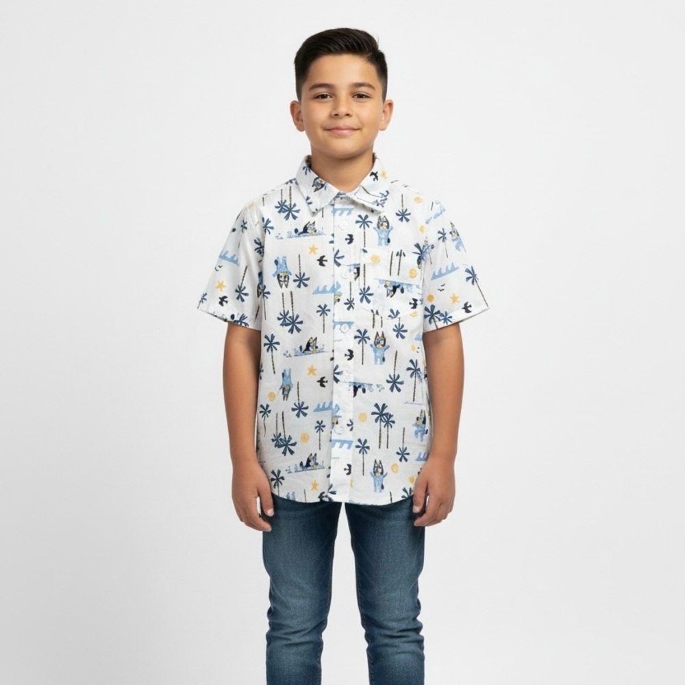 Bluey Boys M Button‎ Up Shirt Tropical Beach Palm Tree Print Summer NWT